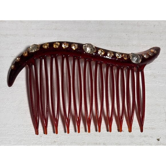 Vintage Hair Combs '40's Burgundy Swish Top Rhinestone Accents Hollywood Glam - Picture 4 of 9